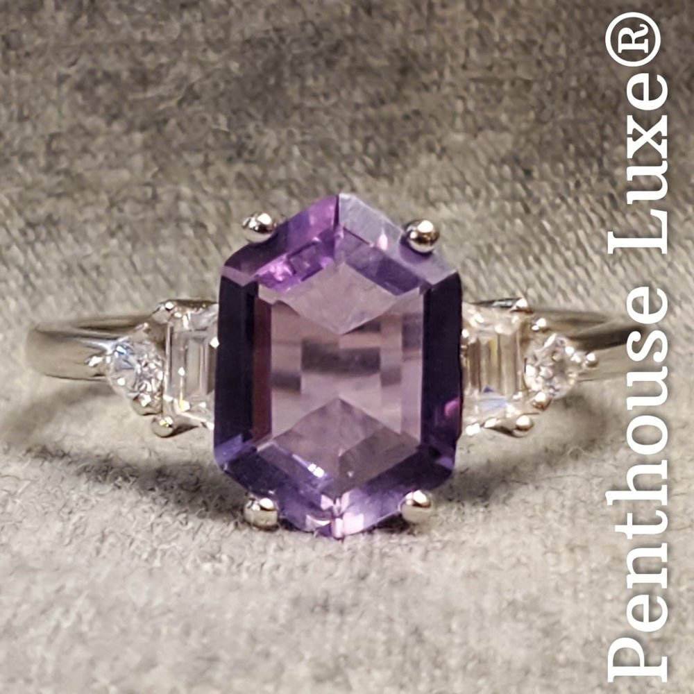 SOLID 925 Sterling Silver Purple Amethyst Elongated Hexagon Cut Ring